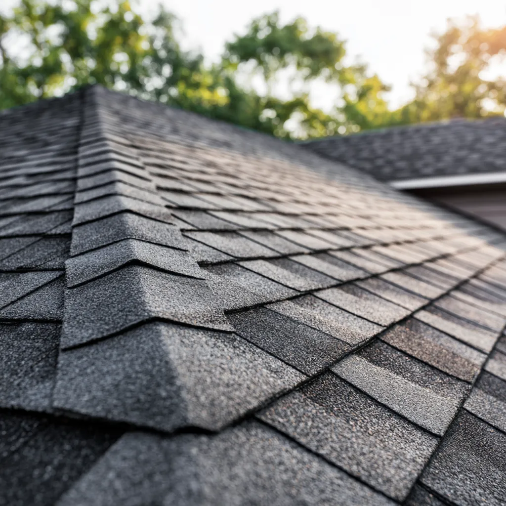 Soft light on ridge cap shingles atop a gray asphalt roof