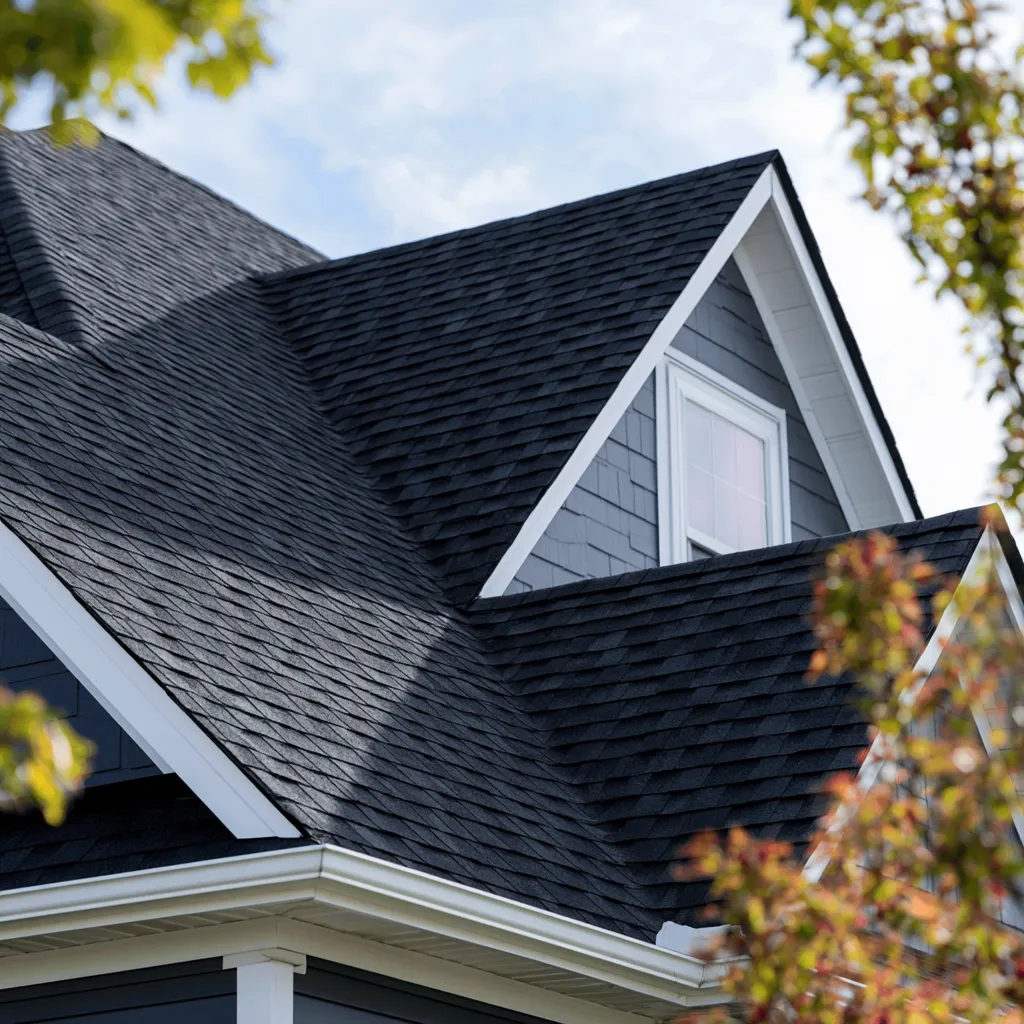 Steep black shingle roof with white trimmed gable dormers