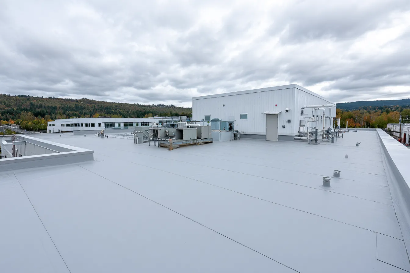 Overcast sky above a gray flat roof lined with mechanical equipment