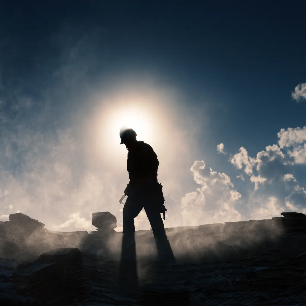 A backlit roofer walking a rooftop past stacked materials