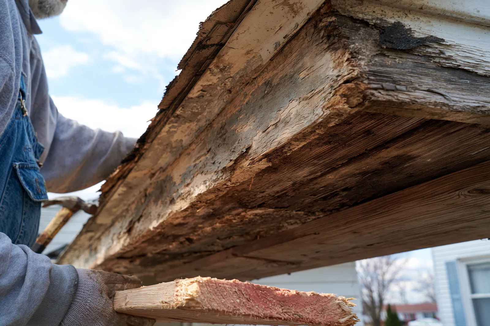 Decayed wood fascia exposed while a gloved hand holds a hammer nearby