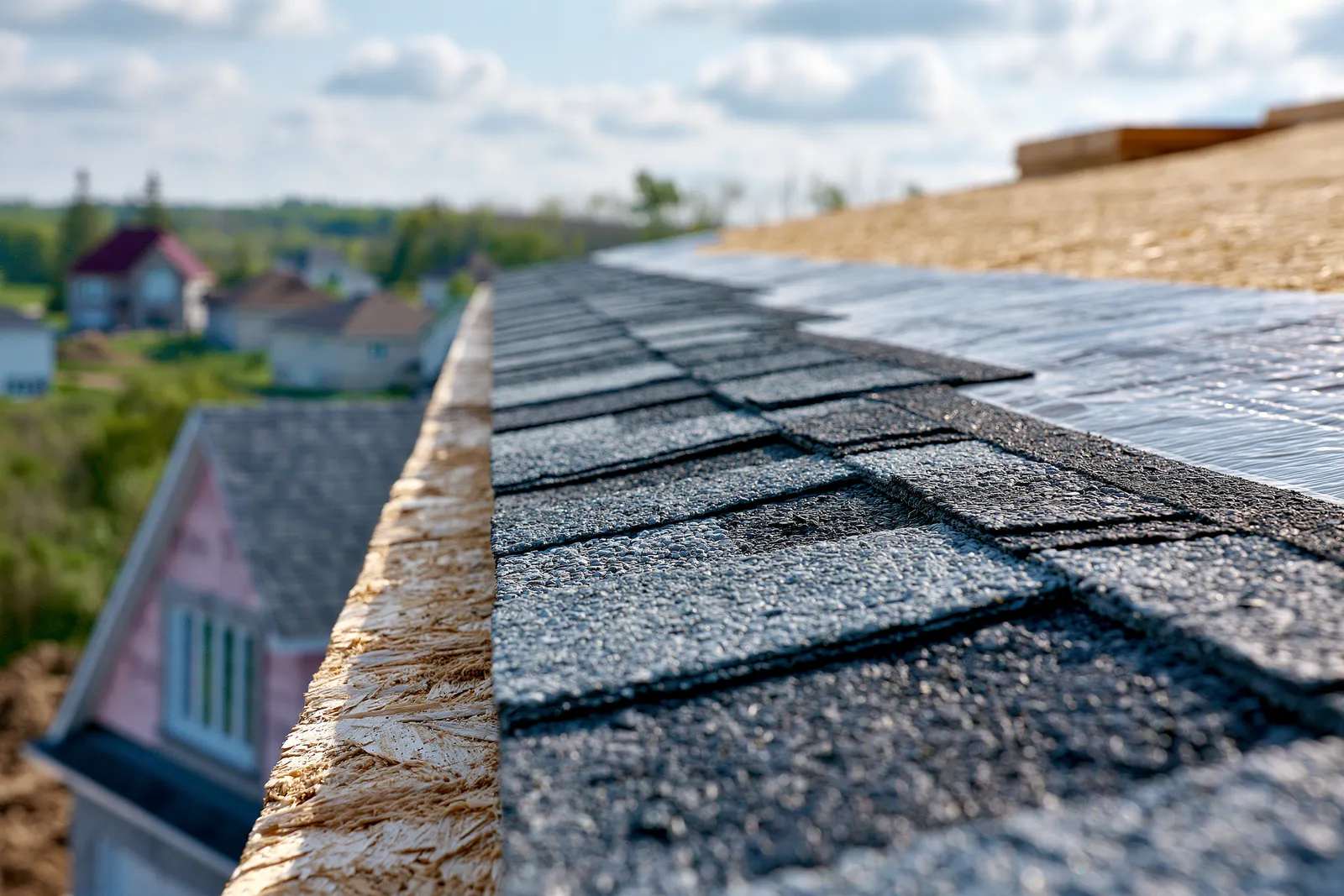 Underlayment and exposed roof decking visible beyond a row of asphalt shingles