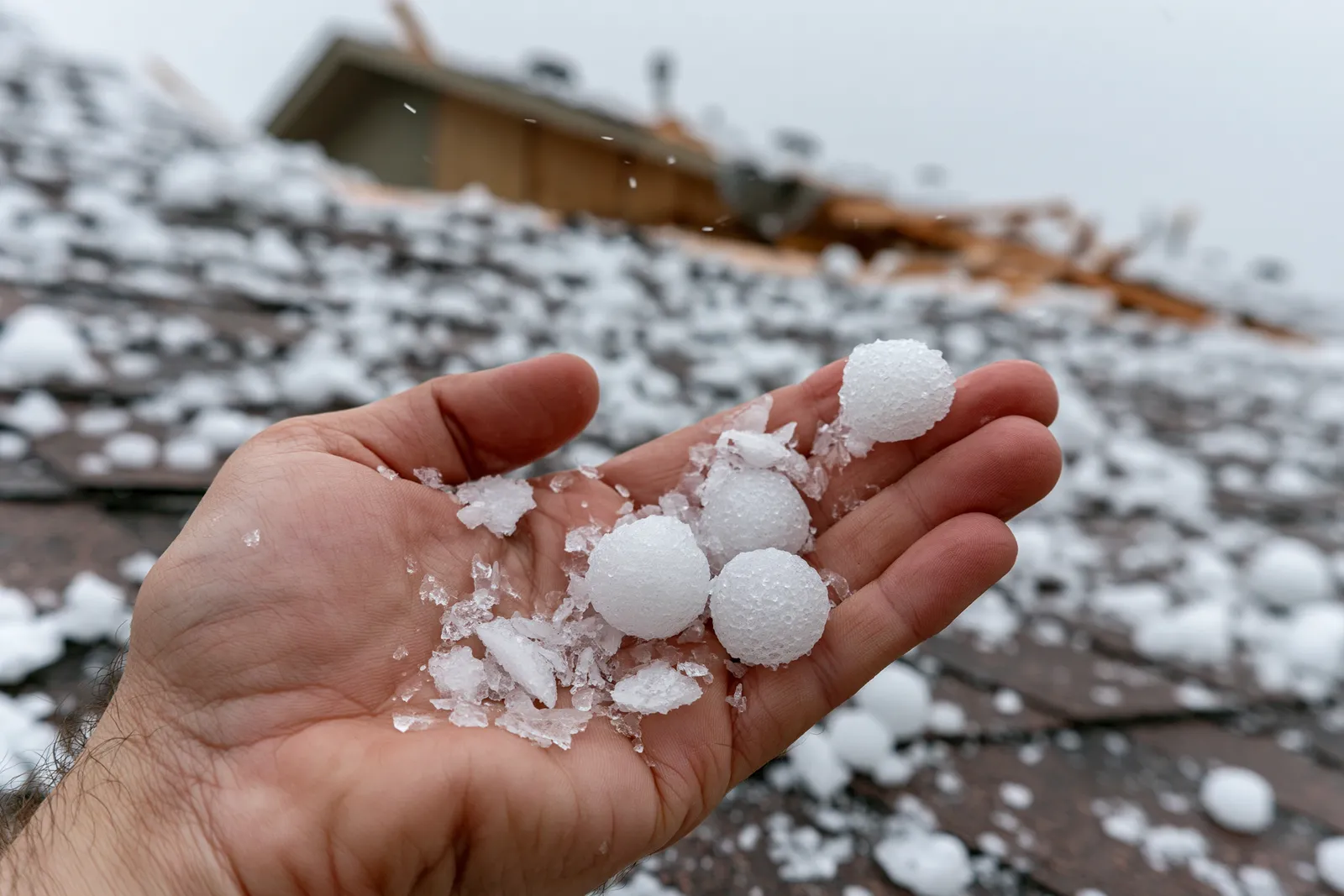 A hand holds several hailstones above a storm-damaged roof missing shingles